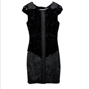 Antonio Melani Black Tweed Lace Overlay Cap Sleeved Midi Sheath Dress